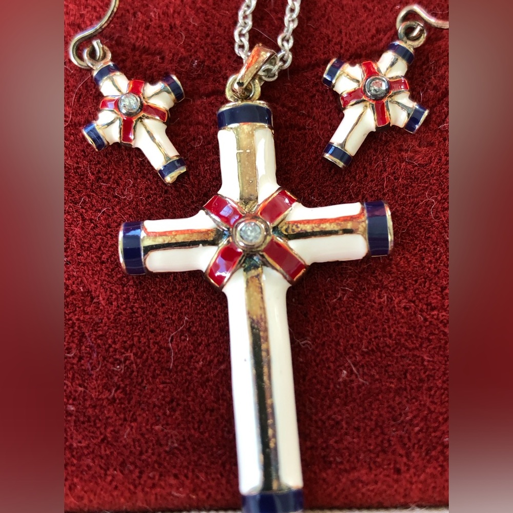 Diamond Enamel Sterling Silver Cross and Earrings set VTG